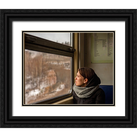 Lady In A Train Black Ornate Wood Framed Art Print with Double Matting by Golani, Aharon