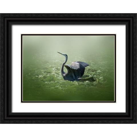 blue heron in a green dream Black Ornate Wood Framed Art Print with Double Matting by Chen, Jennifer