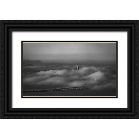 Thick Fog Rolling Over Bay Bridge Black Ornate Wood Framed Art Print with Double Matting by An, Anna