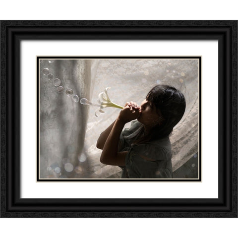A Lily And Bubls Black Ornate Wood Framed Art Print with Double Matting by Ugachi, Takako