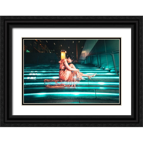 Blue-Green Glowing Stairway Black Ornate Wood Framed Art Print with Double Matting by Iino, Ken-Ichi