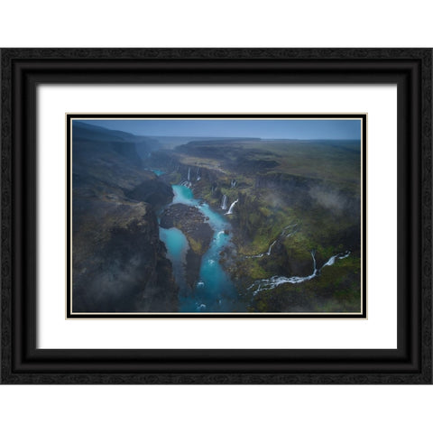 Land Of Thousand Waterfalls Black Ornate Wood Framed Art Print with Double Matting by De La, Javier