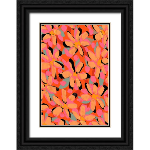 Yellow Flower Pattern Black Ornate Wood Framed Art Print with Double Matting by Treechild