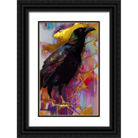 Raven with Pink and Gold Black Ornate Wood Framed Art Print with Double Matting by Day, Ruth