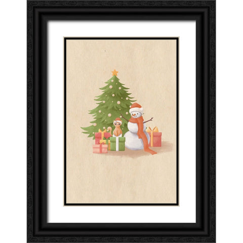 Snowman And Cat Black Ornate Wood Framed Art Print with Double Matting by Thai, Xuan