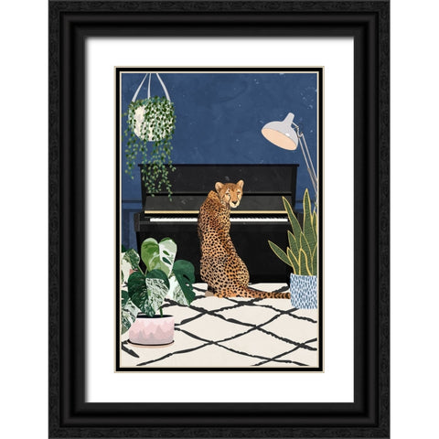 Cheetah playing piano Black Ornate Wood Framed Art Print with Double Matting by Manovski, Sarah