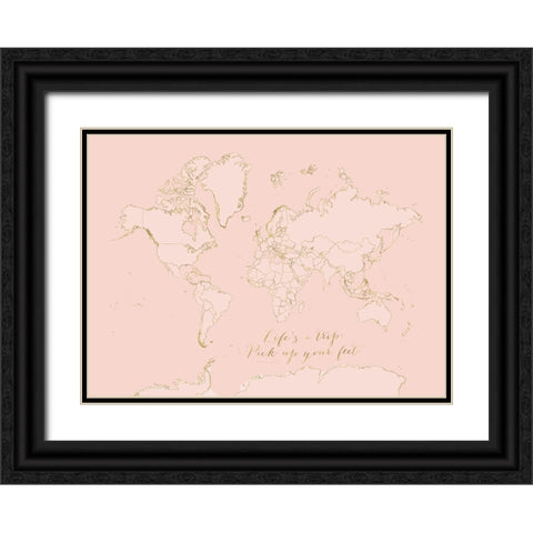 Inspirational pink and gold world map Black Ornate Wood Framed Art Print with Double Matting by Laiz Blursbyai, Rosana