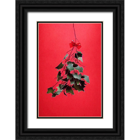 Mistletoe With Red Bow Black Ornate Wood Framed Art Print with Double Matting by Treechild