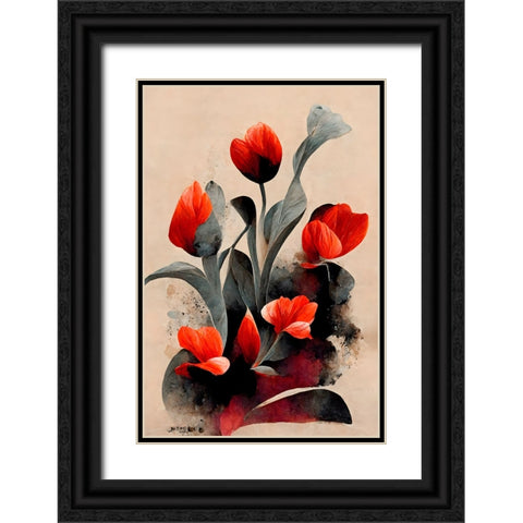 Red Tulips Black Ornate Wood Framed Art Print with Double Matting by Treechild