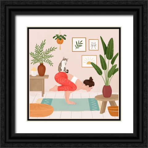 Cat Yoga Black Ornate Wood Framed Art Print with Double Matting by Holikova, Petra