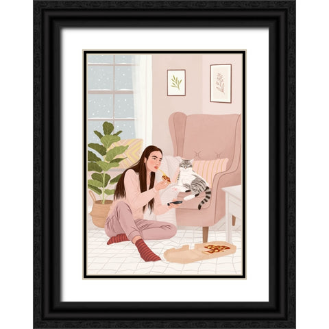 Pizza Night Black Ornate Wood Framed Art Print with Double Matting by Holikova, Petra