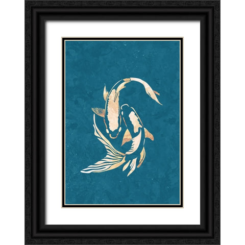 Gold Blue Koi Fish Black Ornate Wood Framed Art Print with Double Matting by Manovski, Sarah