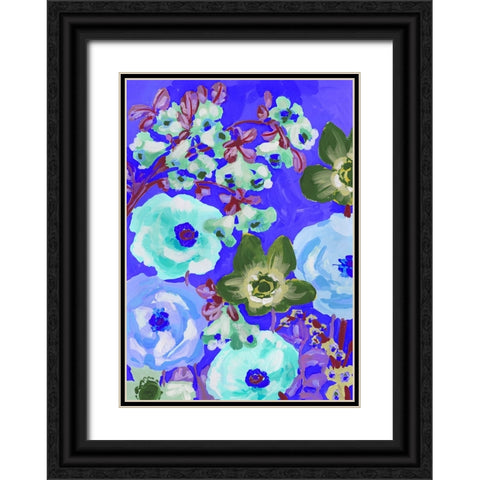 Green Anemones On Cobalt Blue Black Ornate Wood Framed Art Print with Double Matting by Zwara, Ania