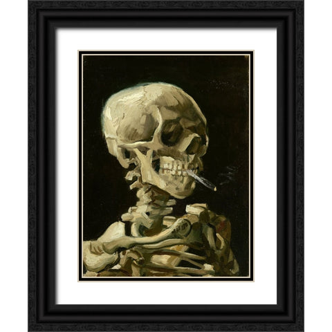 Head of a skeleton with a burning cigarette Black Ornate Wood Framed Art Print with Double Matting by Pictufy