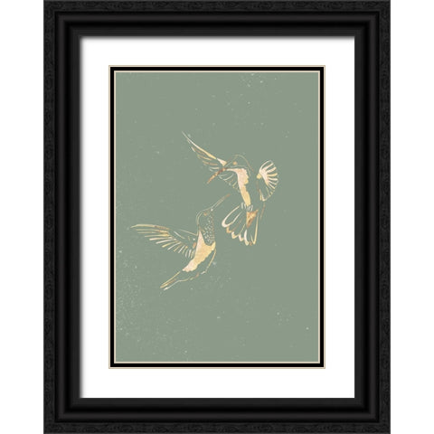 Sage Green Gold Hummingbirds Black Ornate Wood Framed Art Print with Double Matting by Manovski, Sarah