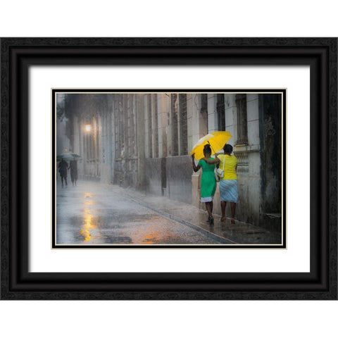 Yellow Umbrella (Rainy Day In Havana) Black Ornate Wood Framed Art Print with Double Matting by Willyams, Paul