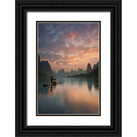 Li River Sunrise Black Ornate Wood Framed Art Print with Double Matting by Zhang, Yan