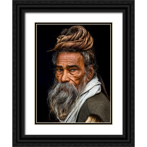 Portrait Of A Sadhu... Black Ornate Wood Framed Art Print with Double Matting by J.V, Rakesh