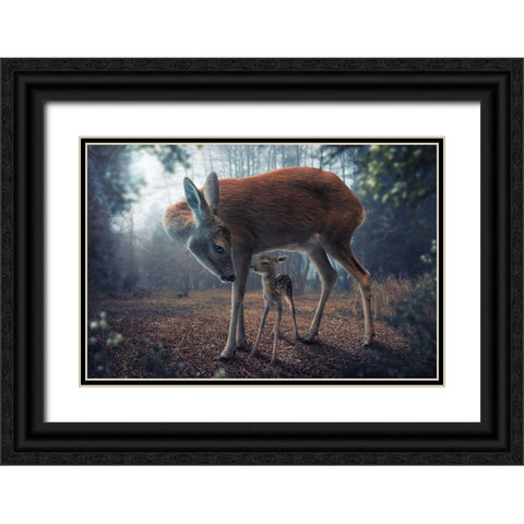 Mother And Fawn Black Ornate Wood Framed Art Print with Double Matting by Wilhelm, John
