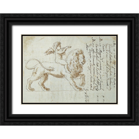 Cherub on Lion I Black Ornate Wood Framed Art Print with Double Matting by Unknown