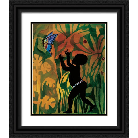 Boy Chasing Butterfly Black Ornate Wood Framed Art Print with Double Matting by Unknown