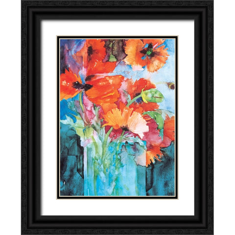 Orange And Blue Floral Black Ornate Wood Framed Art Print with Double Matting by Unknown