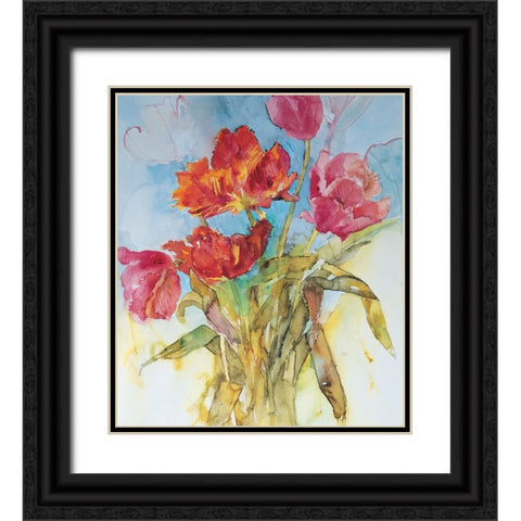 Red Floral Collage Black Ornate Wood Framed Art Print with Double Matting by Unknown