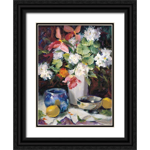 Floral Blue And White Black Ornate Wood Framed Art Print with Double Matting by Unknown