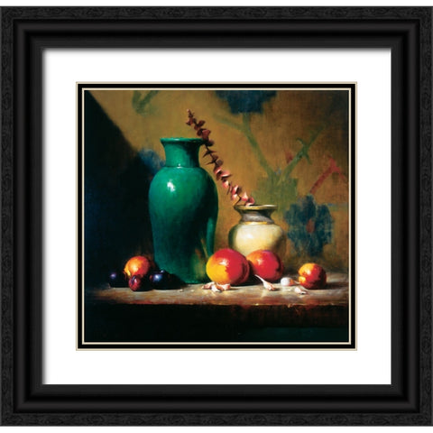 Green Vase And Fruit Black Ornate Wood Framed Art Print with Double Matting by Unknown