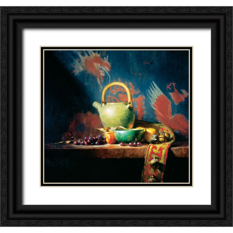 Green Teapot Black Ornate Wood Framed Art Print with Double Matting by Unknown