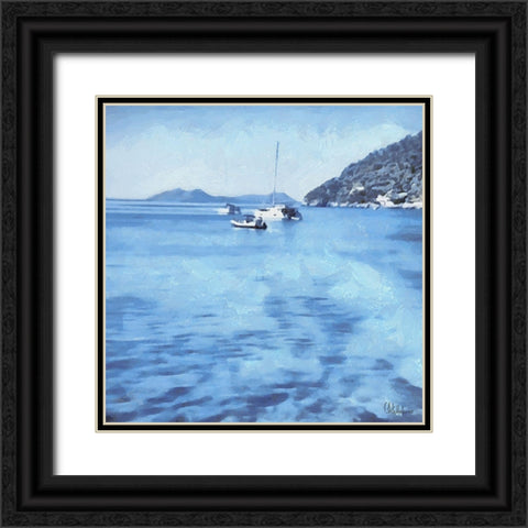 Blue Sea with a yacht Black Ornate Wood Framed Art Print with Double Matting by Medeiros, Celito
