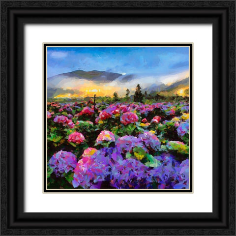 Field with pink Flowers Black Ornate Wood Framed Art Print with Double Matting by Medeiros, Celito