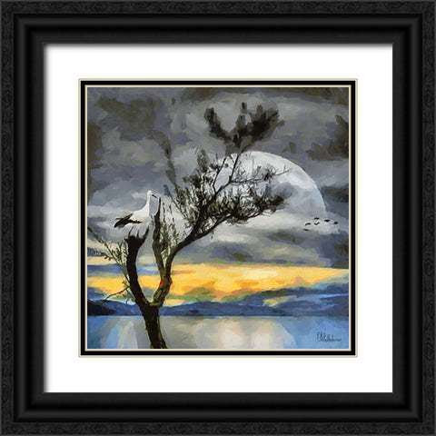 Stork on the Tree Black Ornate Wood Framed Art Print with Double Matting by Medeiros, Celito