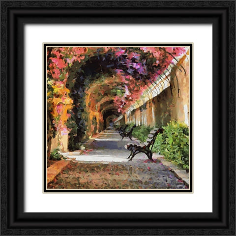 Benches under Blossoming Trees Black Ornate Wood Framed Art Print with Double Matting by Medeiros, Celito