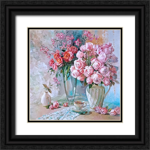 Still Life with Pink Roses Black Ornate Wood Framed Art Print with Double Matting by Rogozina, Svetlana
