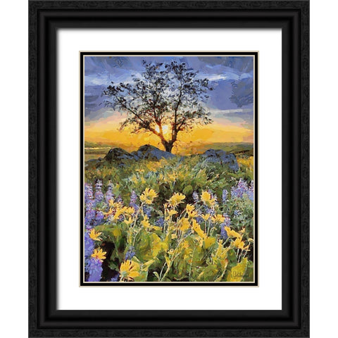 Yellow and Purple Flowers II Black Ornate Wood Framed Art Print with Double Matting by Medeiros, Celito