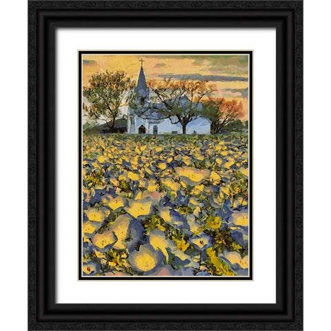 White Church behind a Filed with Flowers Black Ornate Wood Framed Art Print with Double Matting by Medeiros, Celito