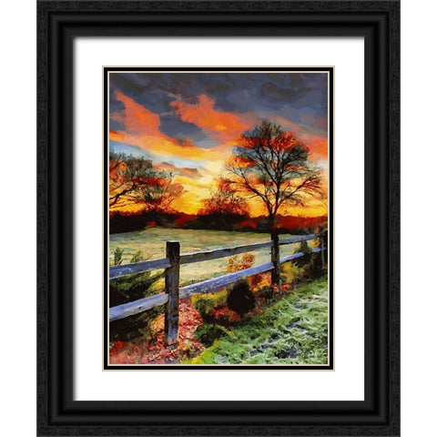 Sunset over the Pond behing the Fence Black Ornate Wood Framed Art Print with Double Matting by Medeiros, Celito