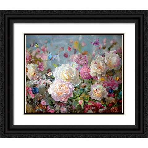 Peonies and Butterflies Black Ornate Wood Framed Art Print with Double Matting by Kopania, Zbigniew