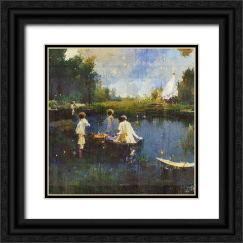 Children playing with boats I Black Ornate Wood Framed Art Print with Double Matting by Wiley, Marta