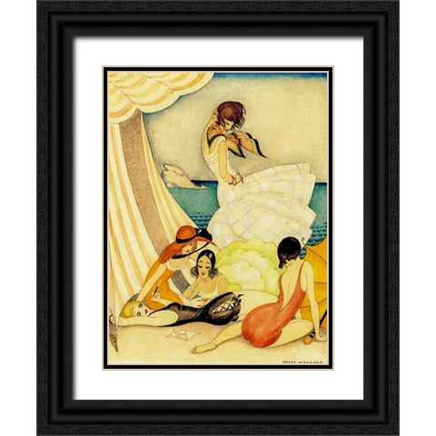 Five women at a beach Black Ornate Wood Framed Art Print with Double Matting by Wegener, Gerda