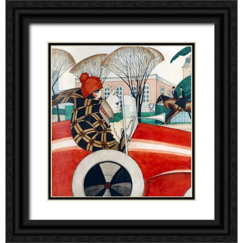 Girl and pug in an Automobile Black Ornate Wood Framed Art Print with Double Matting by Wegener, Gerda