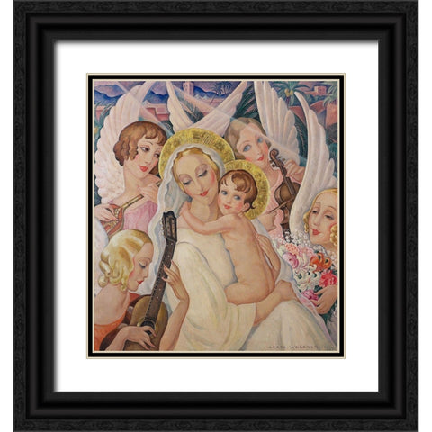 Madonna and child-surrounded by angels with musical instruments Black Ornate Wood Framed Art Print with Double Matting by Wegener, Gerda