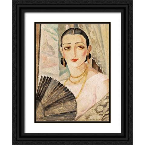 Portrait of Lili Elbe with a fan Black Ornate Wood Framed Art Print with Double Matting by Wegener, Gerda