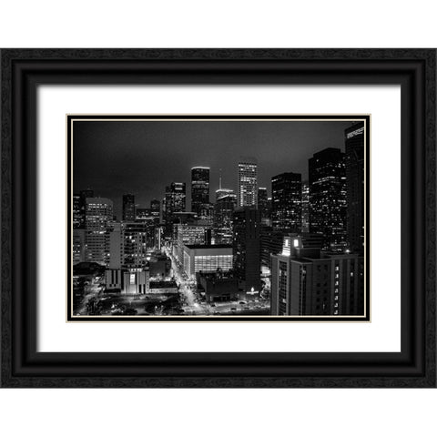Houston-Texas at Night Black Ornate Wood Framed Art Print with Double Matting by Texas Picture Archive