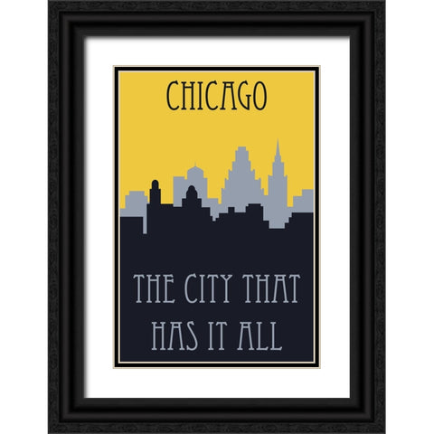 Chicago Skyline Poster Black Ornate Wood Framed Art Print with Double Matting by Vintage Travel Posters
