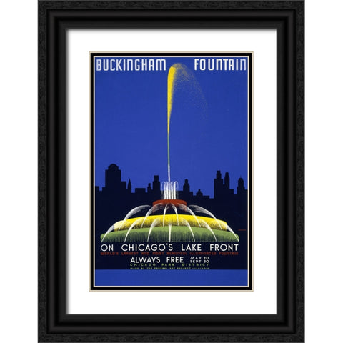 Buckingham Fountain-Chicago Travel Poster Black Ornate Wood Framed Art Print with Double Matting by Vintage Travel Posters