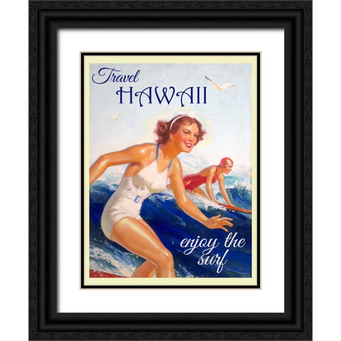 Hawaii Surfing Travel Poster Black Ornate Wood Framed Art Print with Double Matting by Vintage Travel Posters