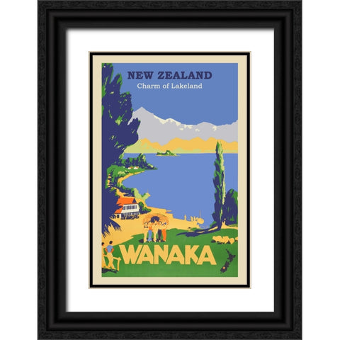 New Zealand Wanaka Travel Poster Black Ornate Wood Framed Art Print with Double Matting by Vintage Travel Posters