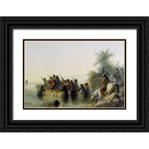 Bull Boating Black Ornate Wood Framed Art Print with Double Matting by Miller, Alfred Jacob